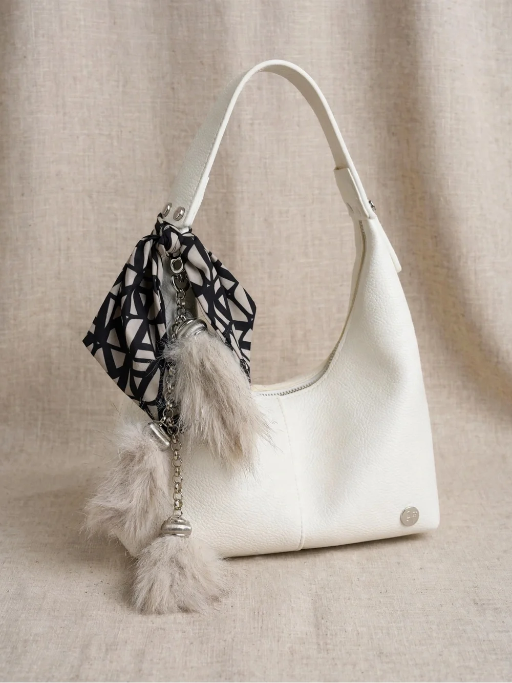 White Leather Shoulder Bag with Fur Charm
